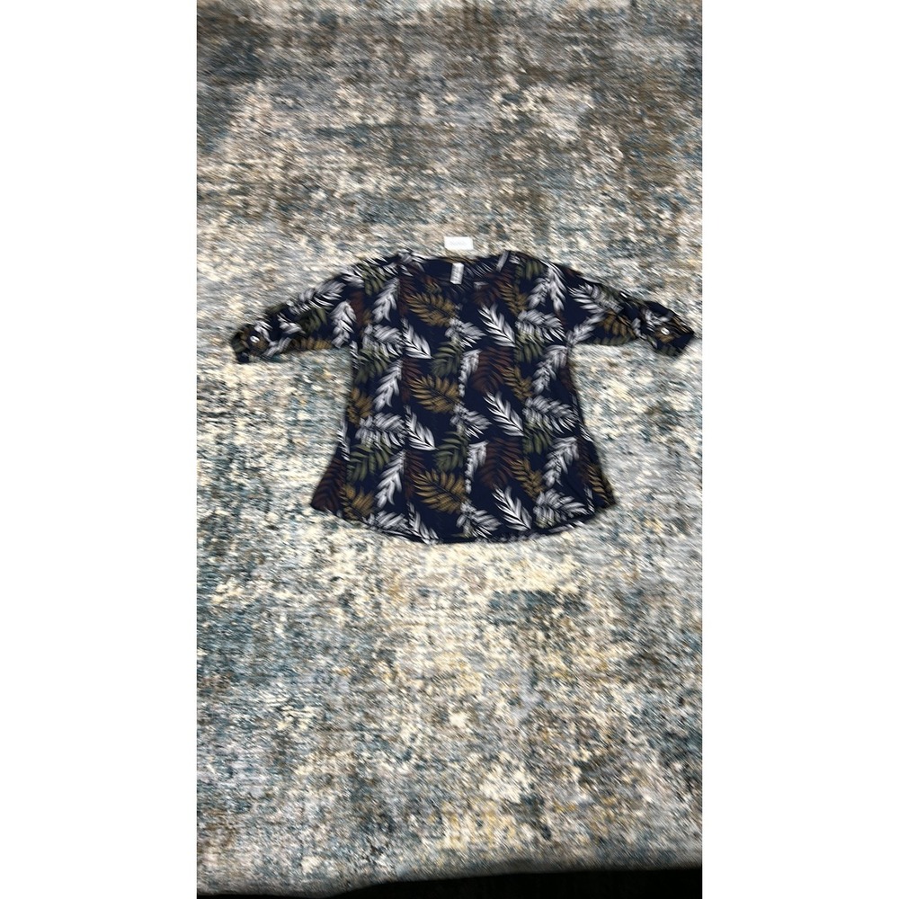 New Fit Tropical Leaf Print Roll-Tab Sleeve Blouse Navy Blue Large